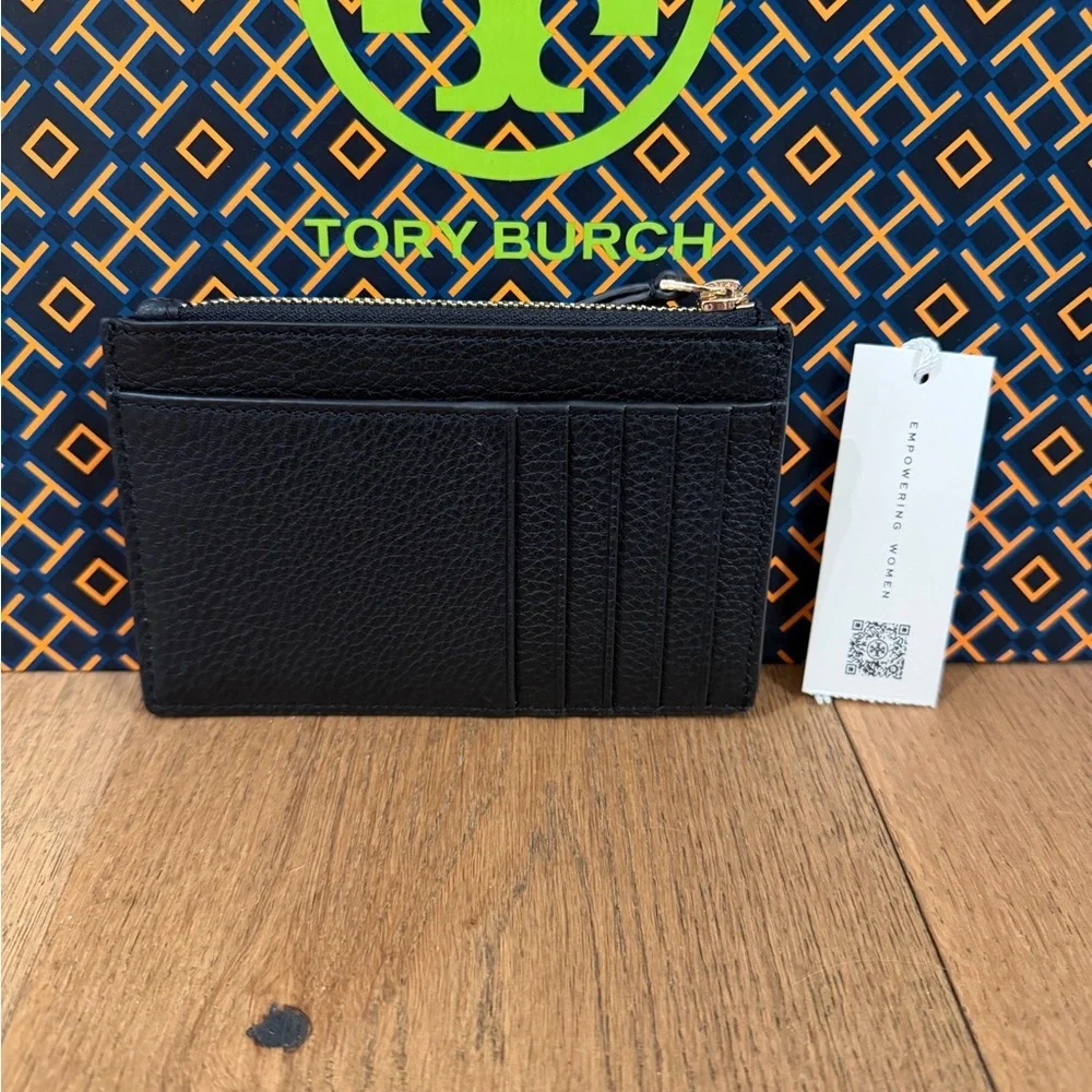 Tory Burch Britten Zip Card Case Mini Wallet Black Gold